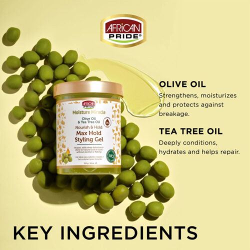 ژل حالت دهنده قوی روغن زیتون و روغن درخت چای آفریکن پراید - African Pride Moisture Miracle Olive Oil & Tea Tree Oil Max Hold Styling Gel